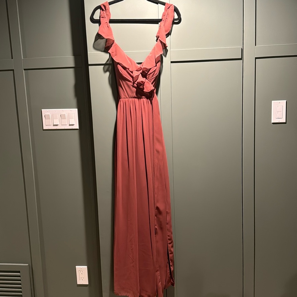 Revelry Valerie Chiffon Faux Wrap Dress
Color: Rosewood, Size: 6